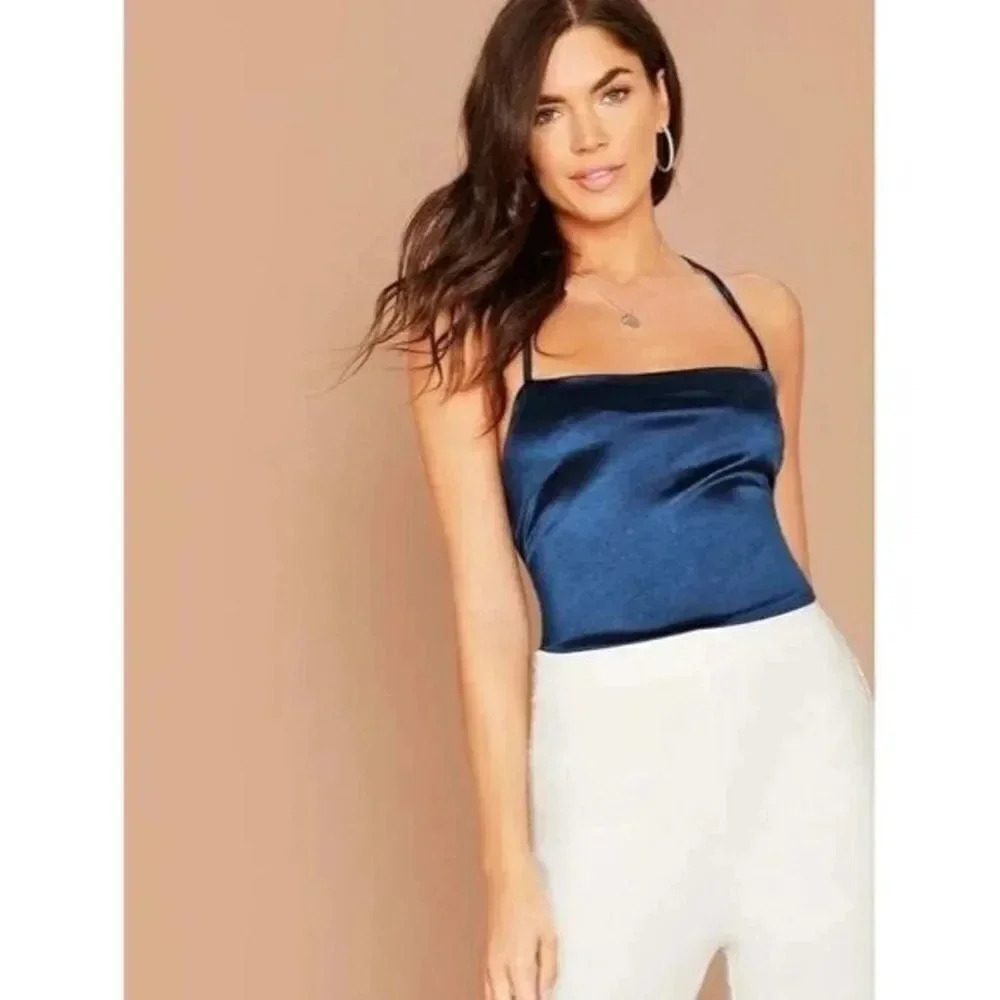 Boutique Blue Satin Lace Up Back Cami Tank Top L